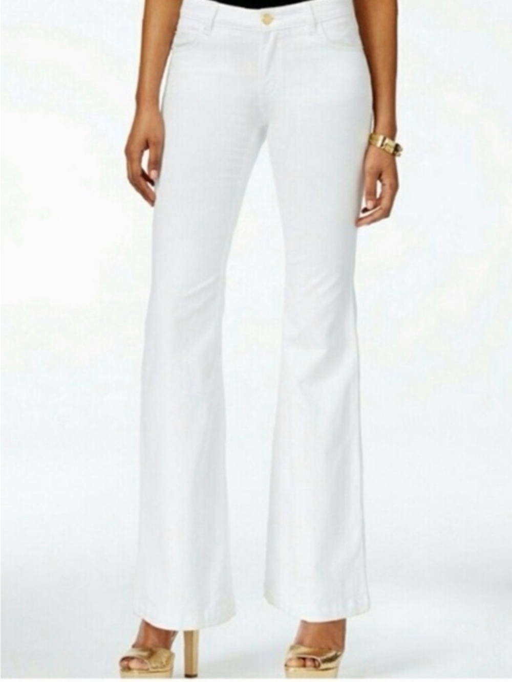 MICHAEL Michael Kors Selma Flare White Jeans with Gold Logo Button